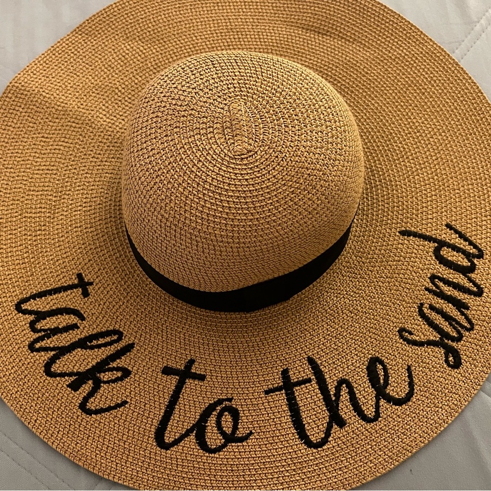 Tan Straw Sun Hat with Black Lettering